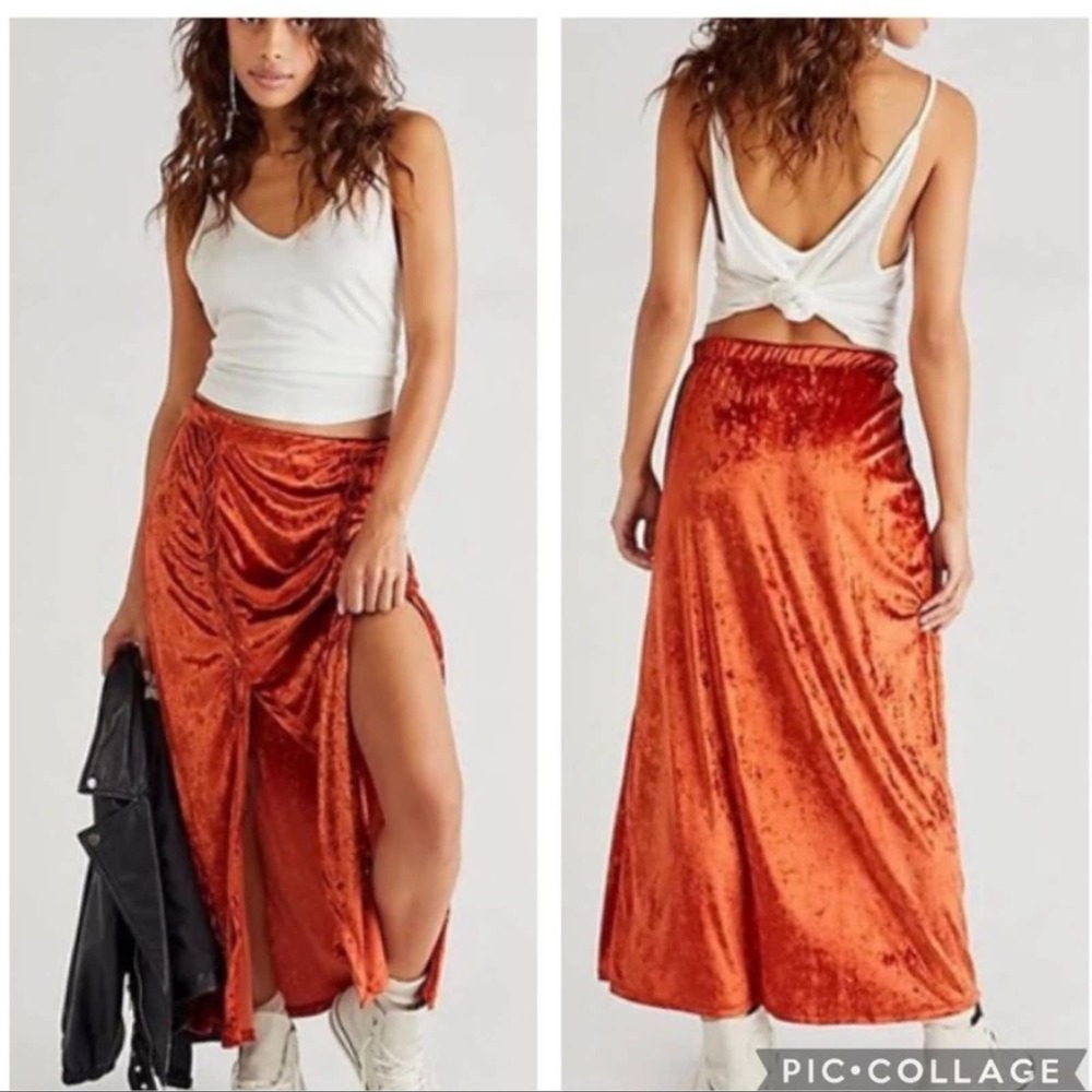 NEW Free People Eyes On You Velvet Midi Skirt Spiced Brandy Orange